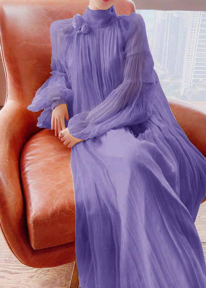 Yellow Wrinkled Patchwork Chiffon Long Dress Lantern Sleeve