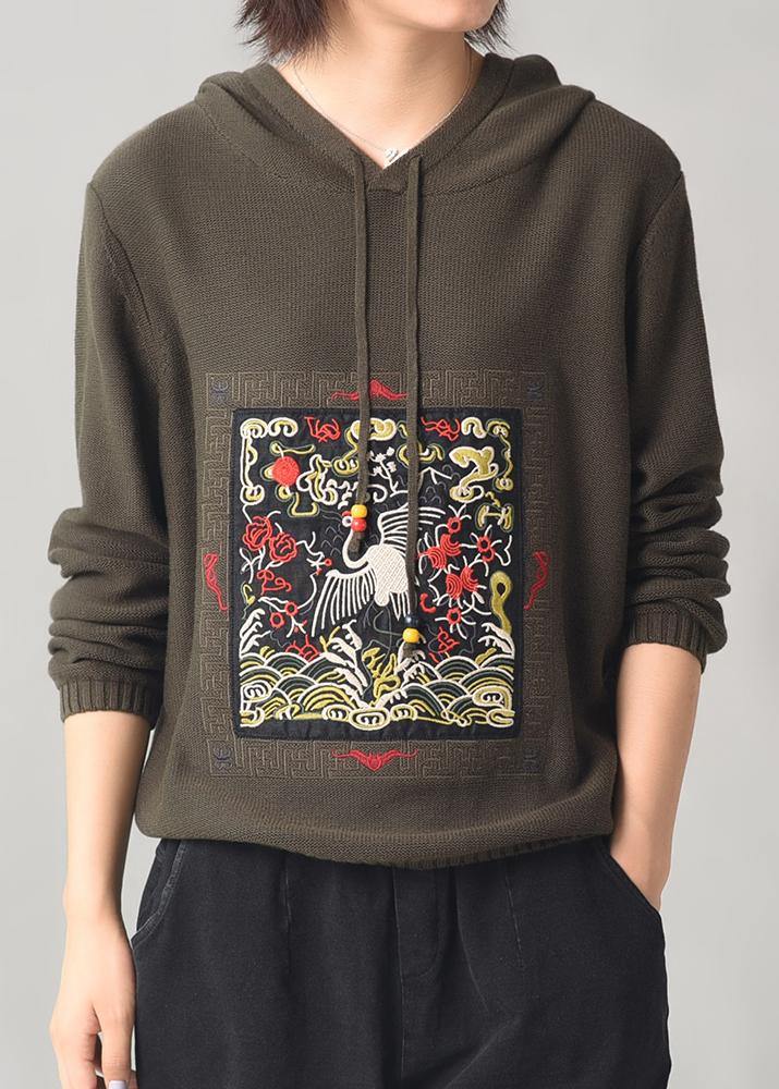Army Green Knitted Outwear Hooded Knitted Coat Autumn