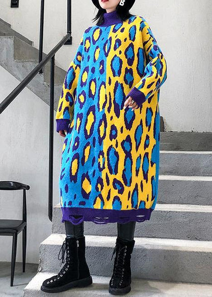 Yellow Prints Sweater Knit Top Pattern Winter Big Patchwork Sweater Dresses