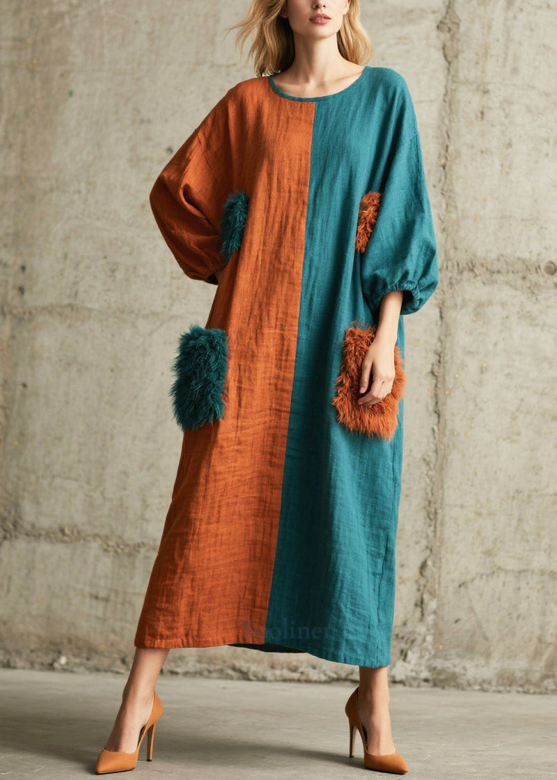 Diy Asymmetrical Patchwork Faux Fur Pockets Maxi Dresses Fall