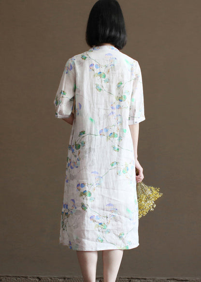 Diy Beige Stand Collar Print Button Linen Cheongsam Dress Half Sleeve