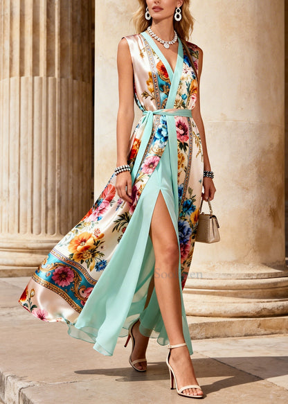 Diy Beige Tie Waist Print Chiffon Fake Two Piece Dresses Sleeveless