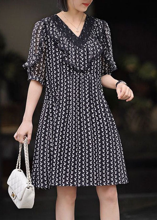 Diy Beige V Neck Ruffled Print Patchwork Chiffon Dresses Summer