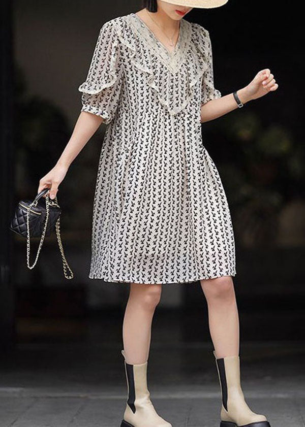 Diy Beige V Neck Ruffled Print Patchwork Chiffon Dresses Summer