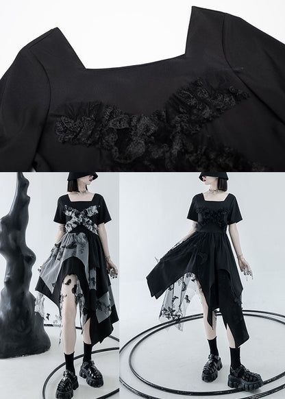 Diy Black Asymmetrical Design Tulle Patchwork Cotton Vacation Dress Summer