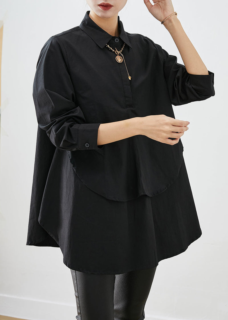Diy Black Asymmetrical Patchwork Cotton Shirt Tops Fall
