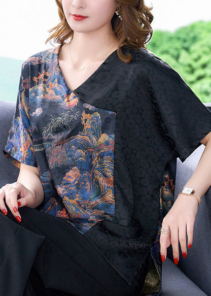 Diy Black Asymmetrical Patchwork Print Silk Shirts Short Sleeve