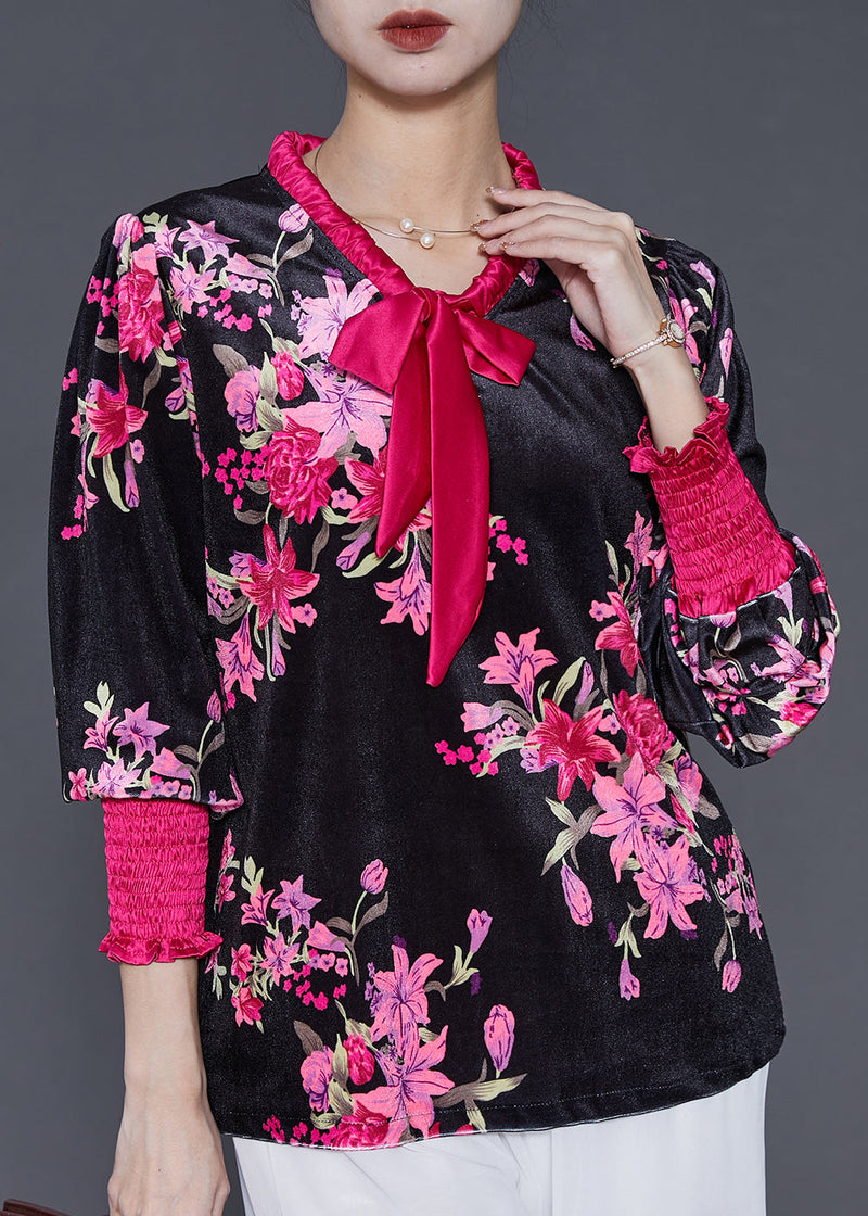Diy Black Bow Collar Print Silk Velour Shirt Spring