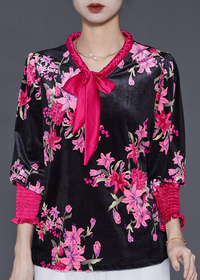 Diy Black Bow Collar Print Silk Velour Shirt Spring