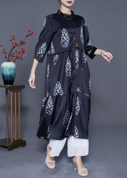 Diy Black Cinched Patchwork Print Silk Long Dress Summer