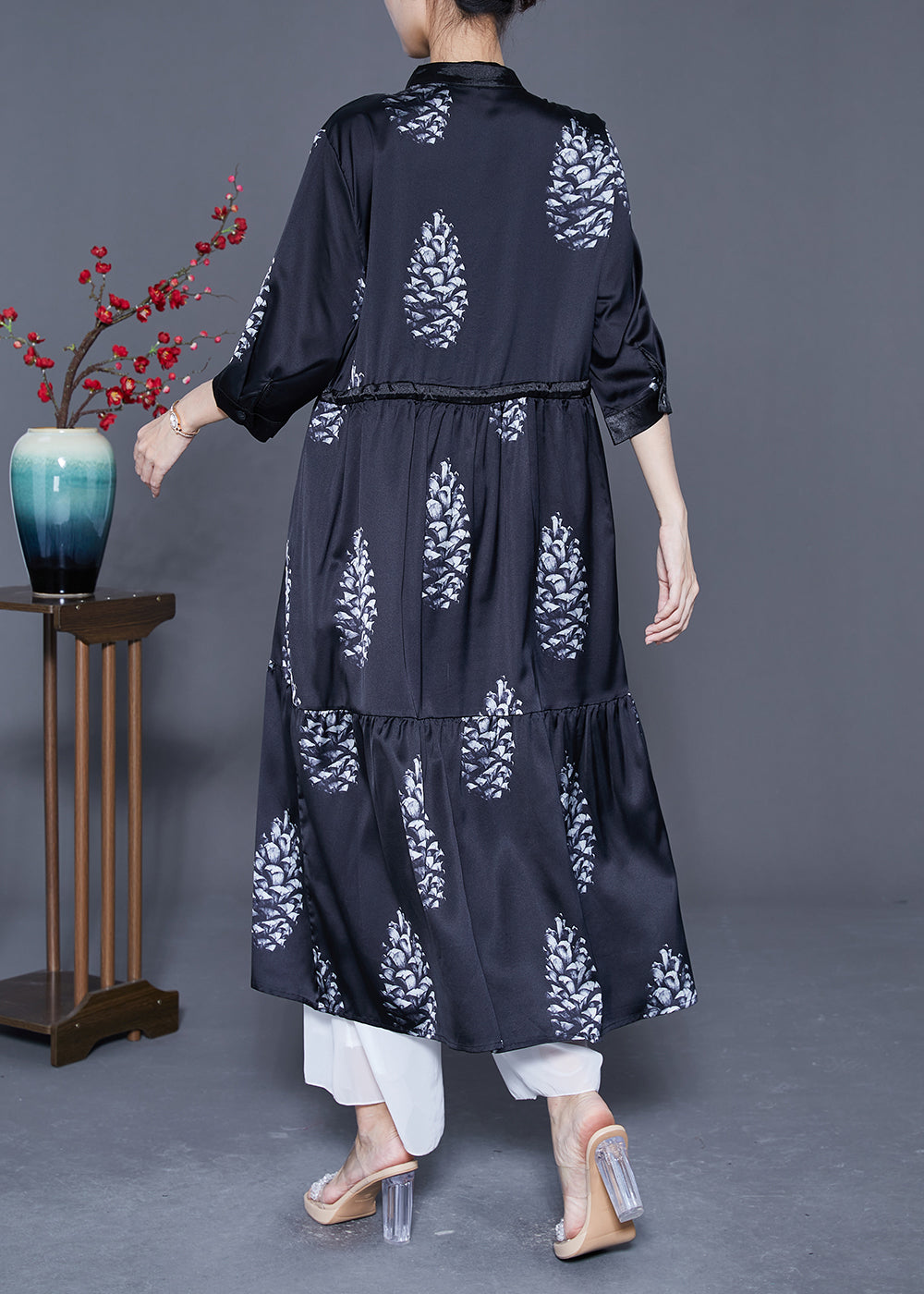 Diy Black Cinched Patchwork Print Silk Long Dress Summer