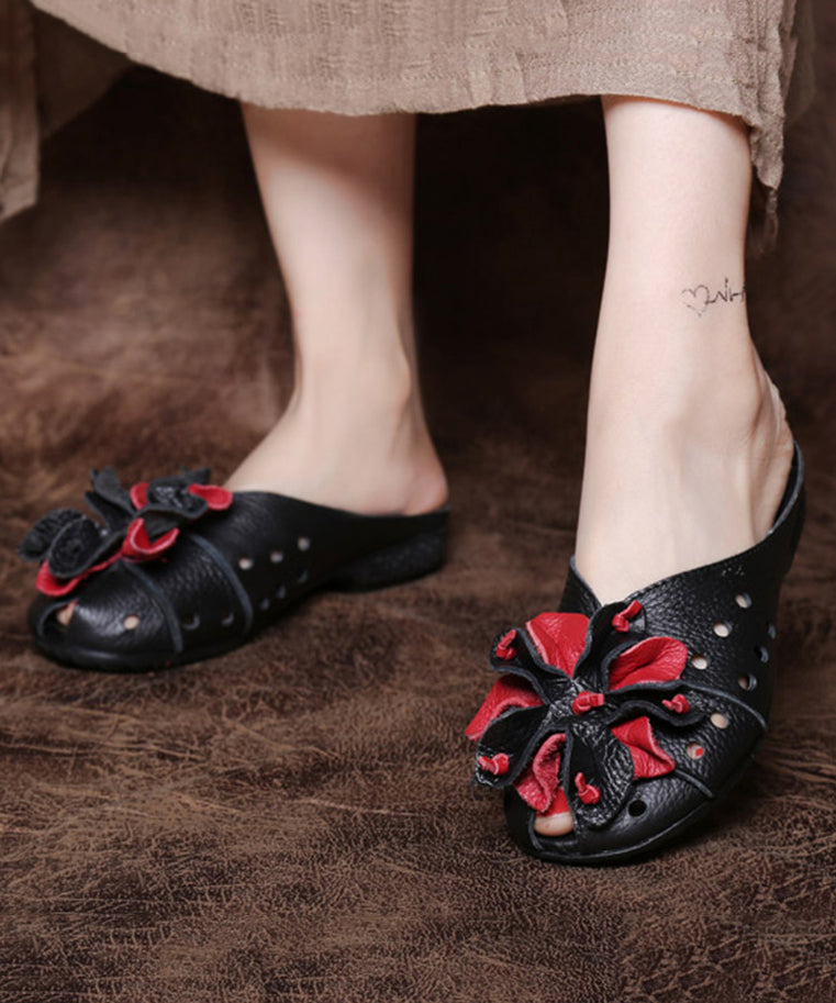 Diy Black Cowhide Leather Splicing Slide Sandals