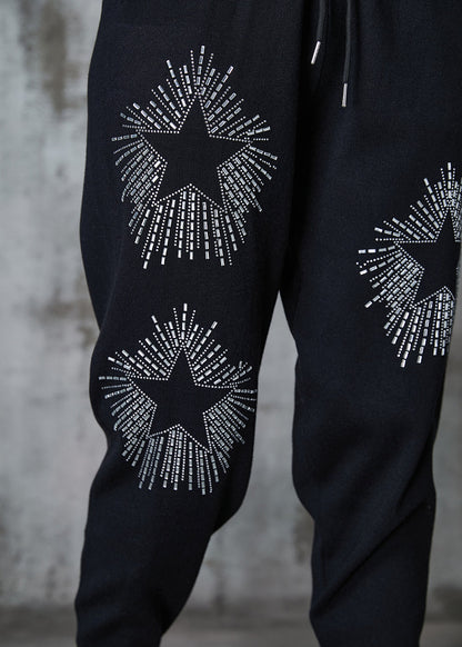 Diy Black Elastic Waist Zircon Cotton Harem Pants Spring