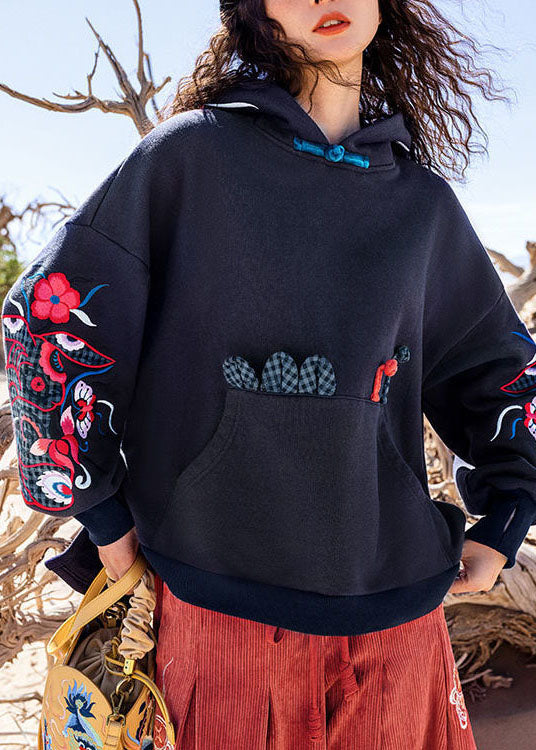 Diy Black Embroideried Pockets Warm Fleece Pullover Spring