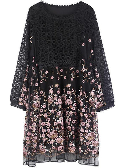 Diy Black Embroidery Lace Patchwork Summer Ankle Dress