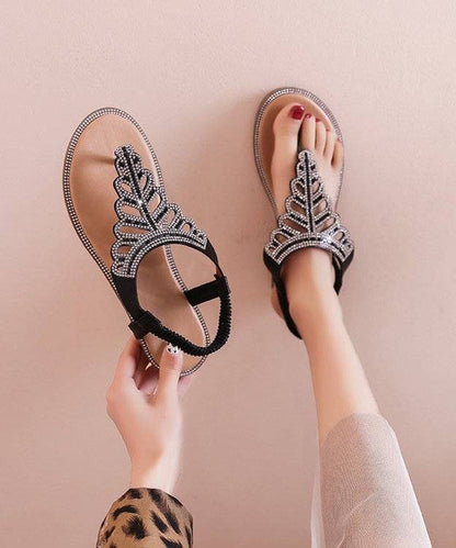 Diy Black Faux Leather Flip Walking Sandals Splicing Zircon