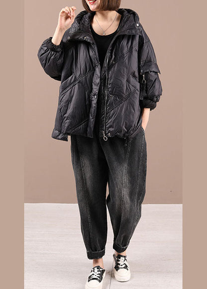 Diy Black Hooded Pockets Winter Duck Down Jackets Long Sleeve
