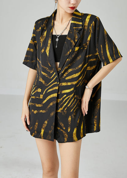 Diy Black Notched Oversized Print Cotton Coat Short Sleeve