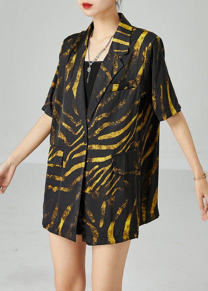 Diy Black Notched Oversized Print Cotton Coat Short Sleeve