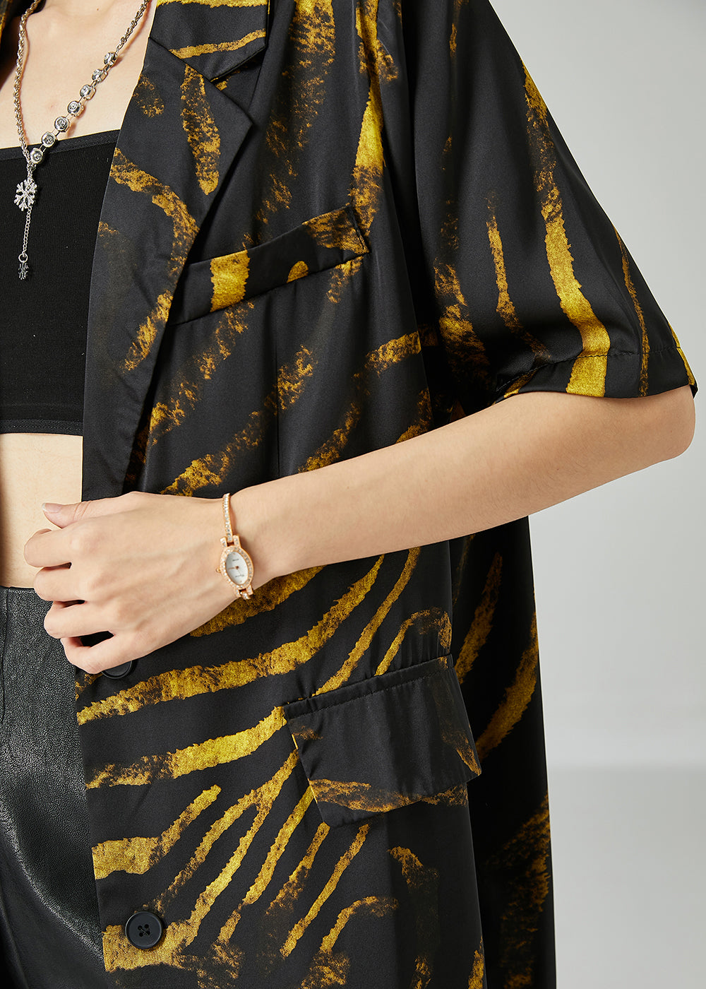 Diy Black Notched Oversized Print Cotton Coat Short Sleeve