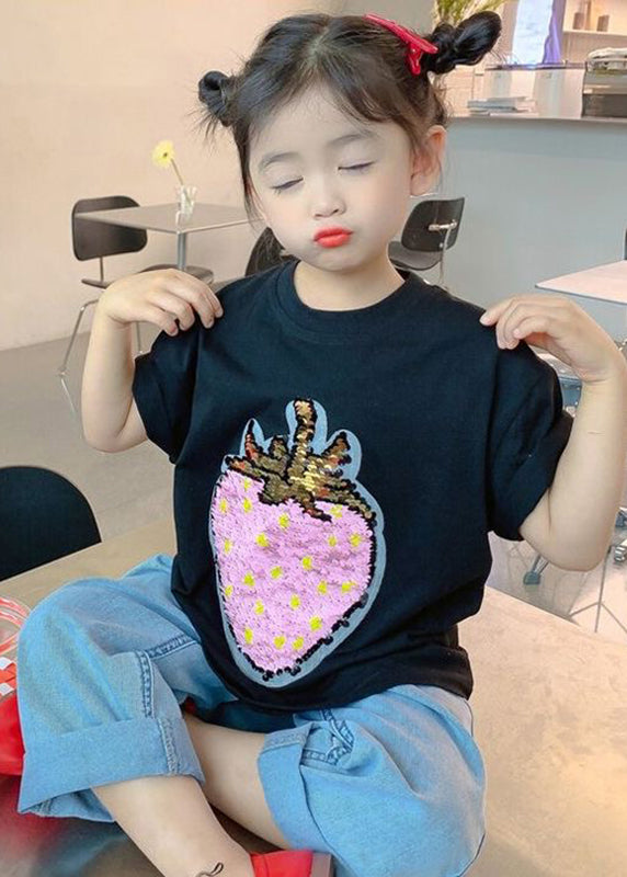 Diy Black O-neck Strawberry Print T Shirt Short Sleeve