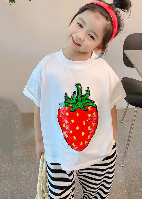 Diy Black O-neck Strawberry Print T Shirt Short Sleeve
