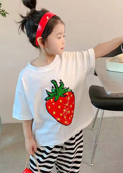 Diy Black O-neck Strawberry Print T Shirt Short Sleeve