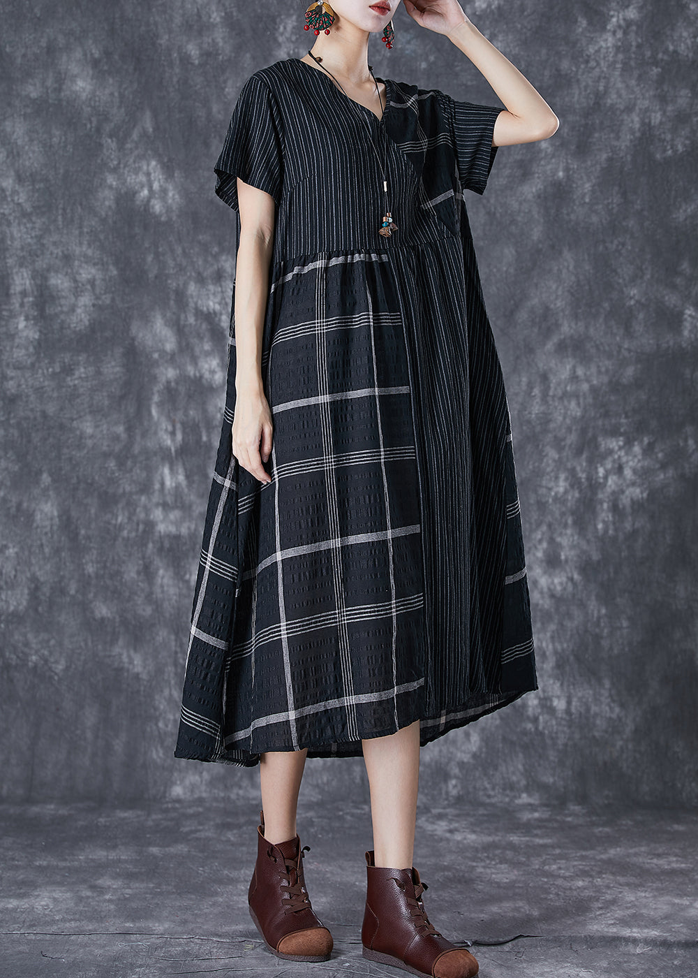 Diy Black Oversized Patchwork Linen Long Dress Summer