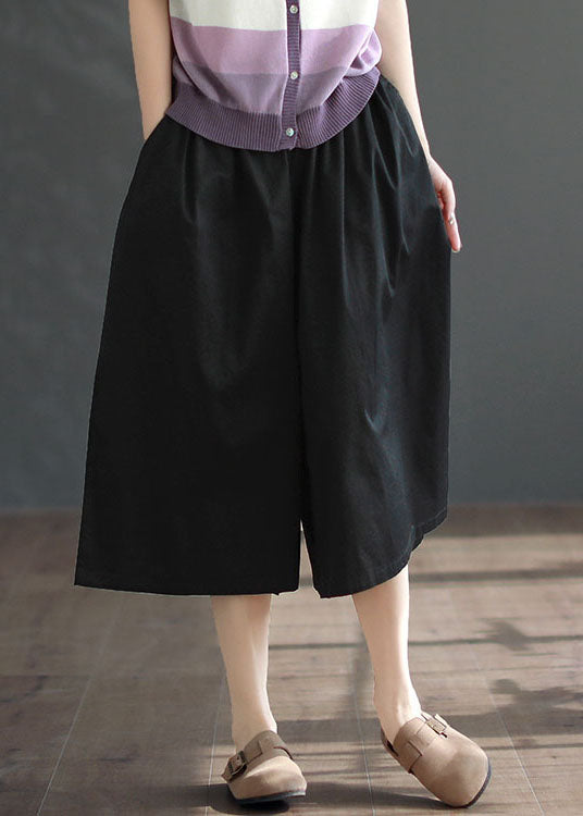 Diy Black Pockets Patchwork Cotton Wide Leg Crop Pants Summer
