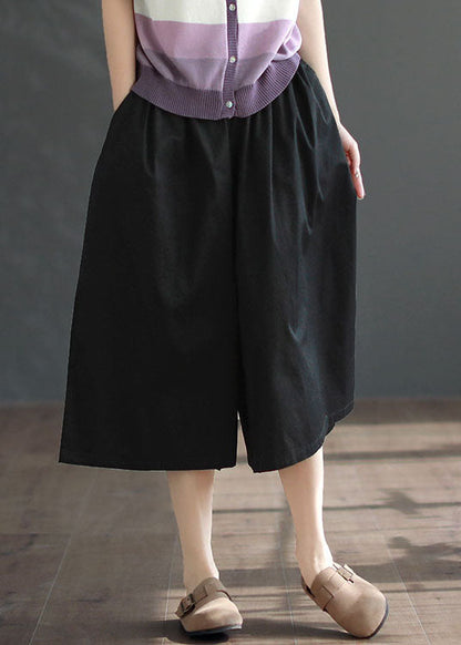 Diy Black Pockets Patchwork Cotton Wide Leg Crop Pants Summer