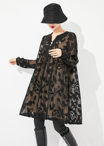 Diy Black Print Hollow Out Tulle Mid Dress Summer