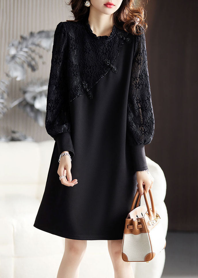 Diy Black Ruffled Lace Patchwork Mid Dresses Long Sleeve