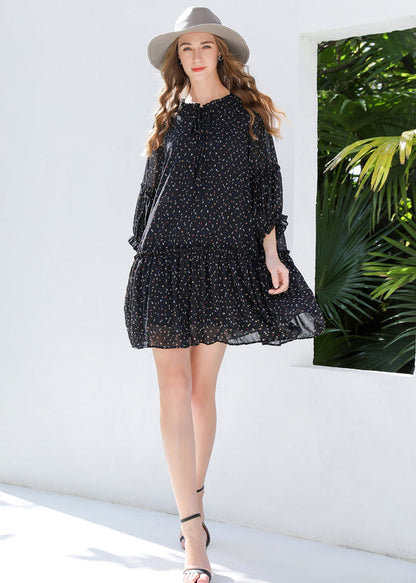 Diy Black Ruffled Print Chiffon Shirt Dresses Bracelet Sleeve