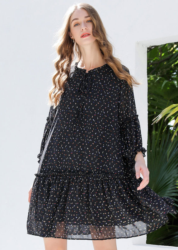 Diy Black Ruffled Print Chiffon Shirt Dresses Bracelet Sleeve