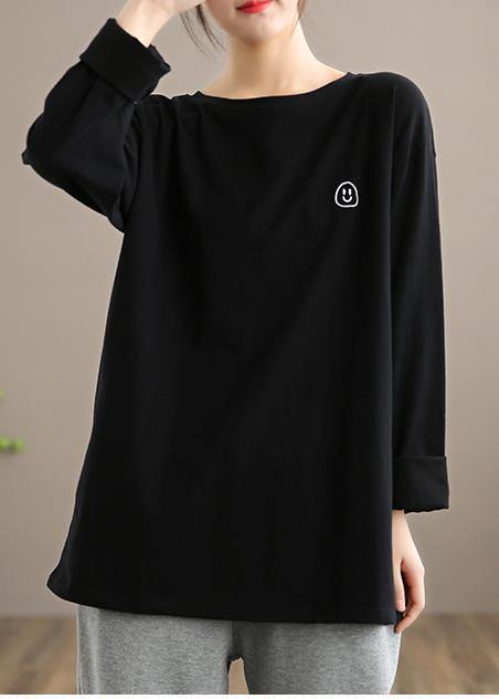DIY Black Smiling Face Tunic Top O Neck Box Spring Top