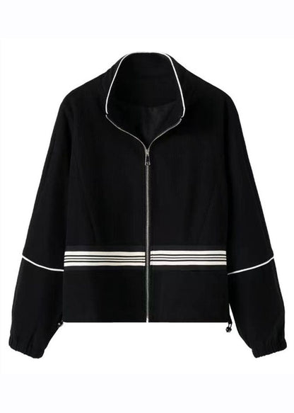 Diy Black Stand Collar Zippered Drawstring Patchwork Jackets Fall