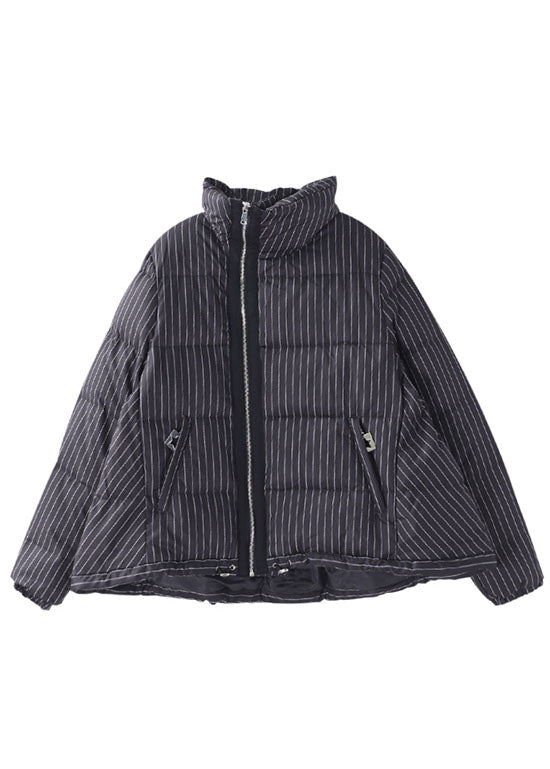 Diy Black Striped Zippered Button Winter Duck Down Coats