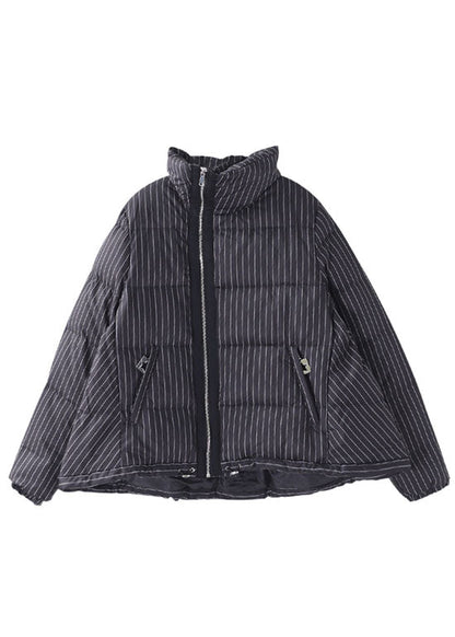 Diy Black Striped Zippered Button Winter Duck Down Coats