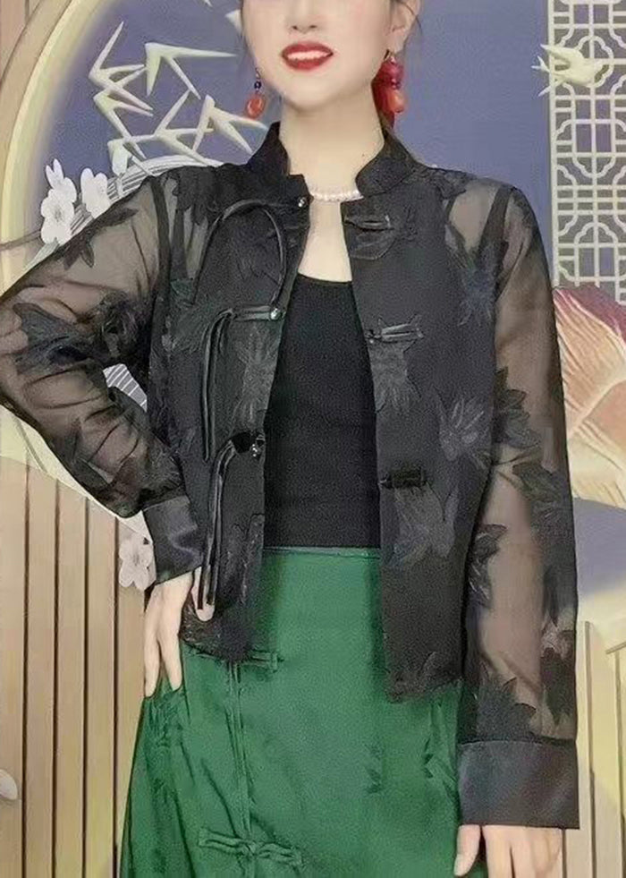 Diy Black Tasseled Chinese Button Tulle Upf 50+ Blouses Fall