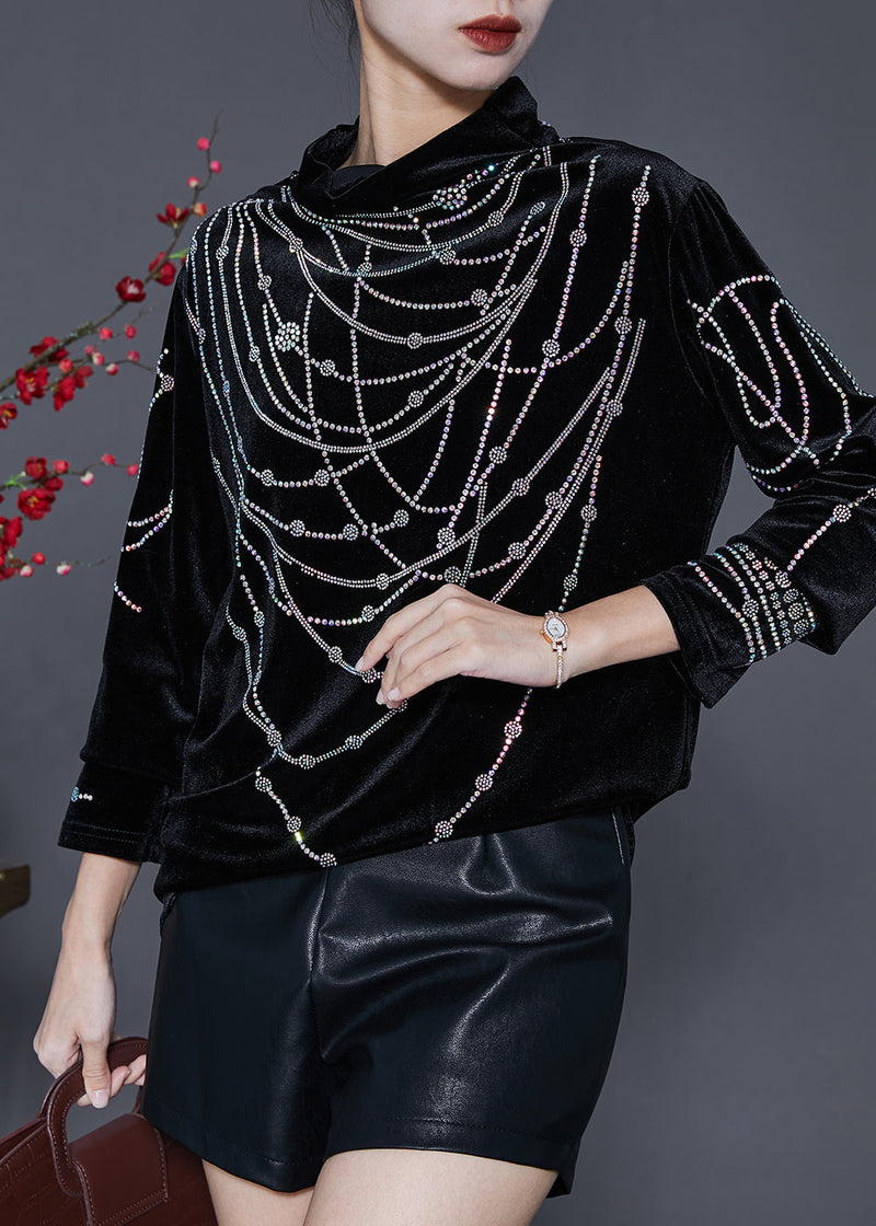 Diy Black Turtle Neck Zircon Silk Velour Shirts Spring