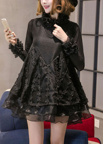 Diy Black Turtle Neck Organza Lace Vacation Dress Spring