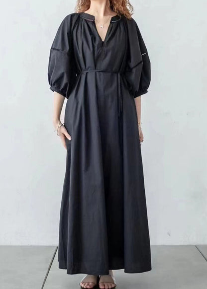 Diy Black V Neck Hollow Out Patchwork Cotton Dress Lantern Sleeve