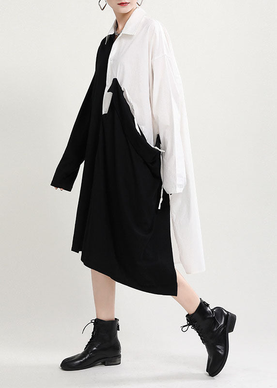 Diy Black White Asymmetrical Patchwork Ruffled Cotton Vacation Dresses Fall