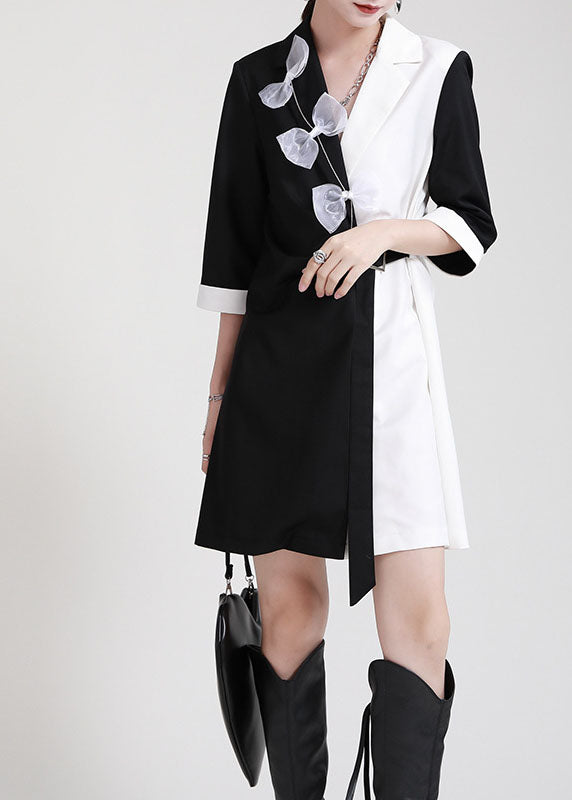 Diy Black White Patchwork Peterpan Collar Bow Sashes Fall Dress Half Sleeve