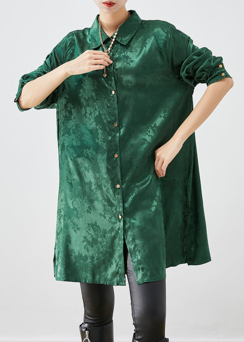 Diy Blackish Green Jacquard Side Open Draping Silk Long Shirt Fall