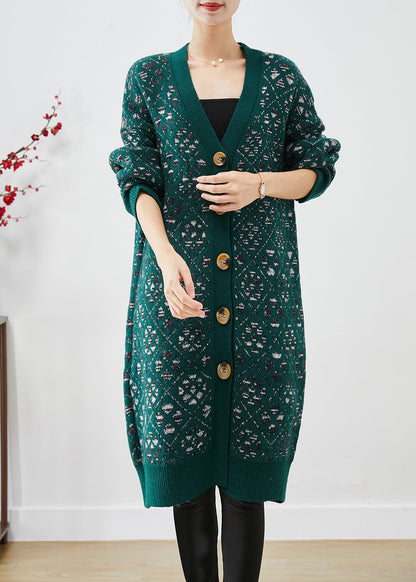 Diy Blackish Green Print Button Warm Knit Loose Coat Fall