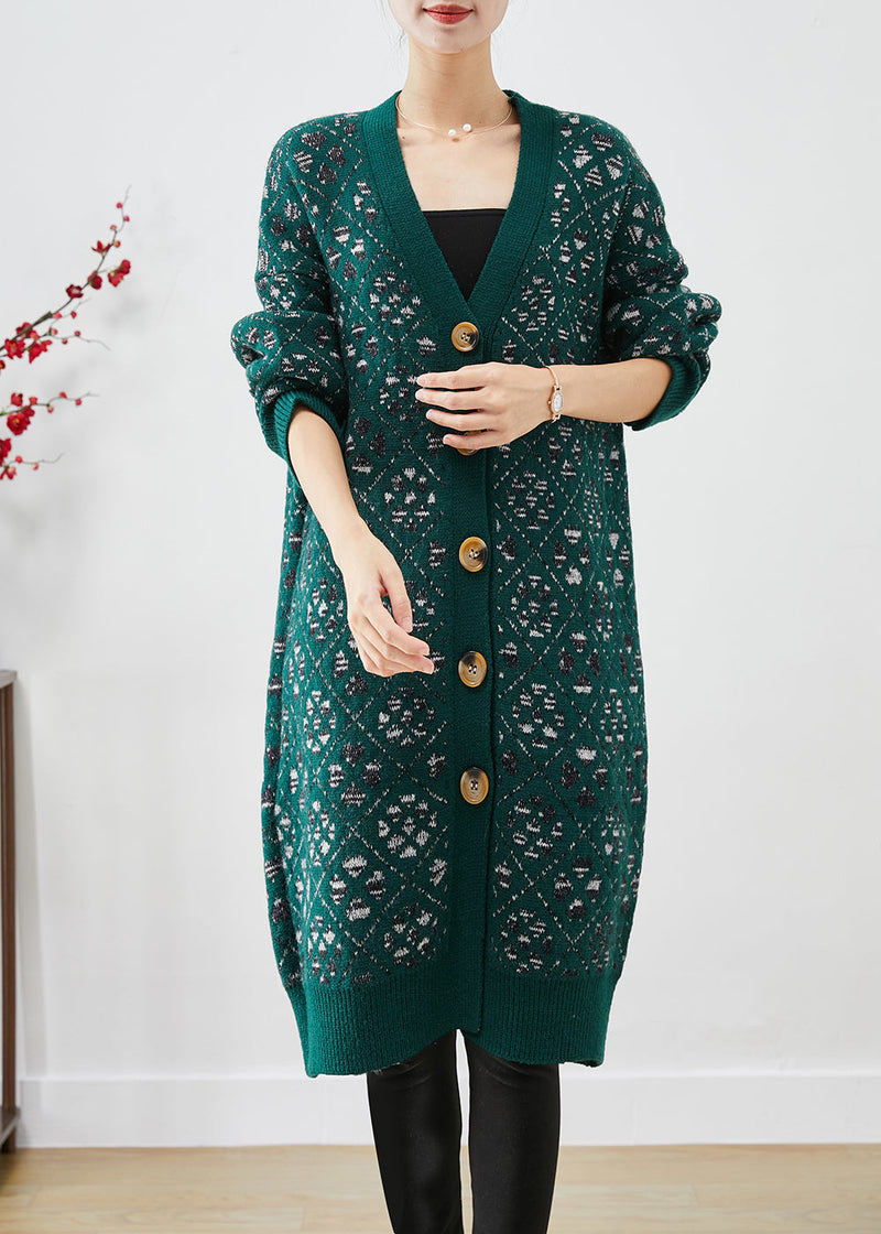 Diy Blackish Green Print Button Warm Knit Loose Coat Fall