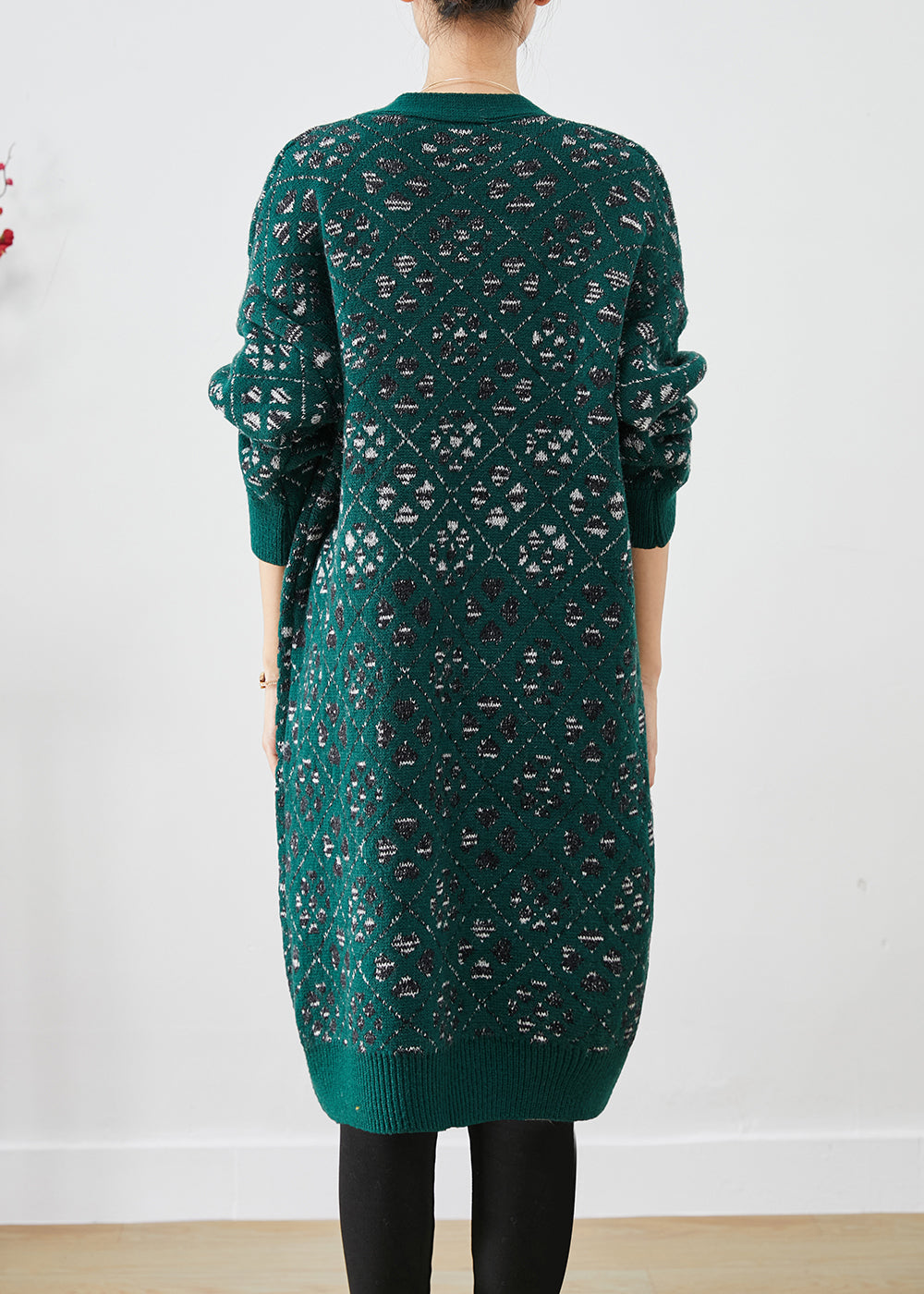 Diy Blackish Green Print Button Warm Knit Loose Coat Fall