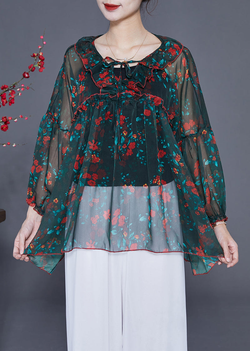 Diy Blackish Green Ruffled Print Chiffon Upf 50+ Top Summer