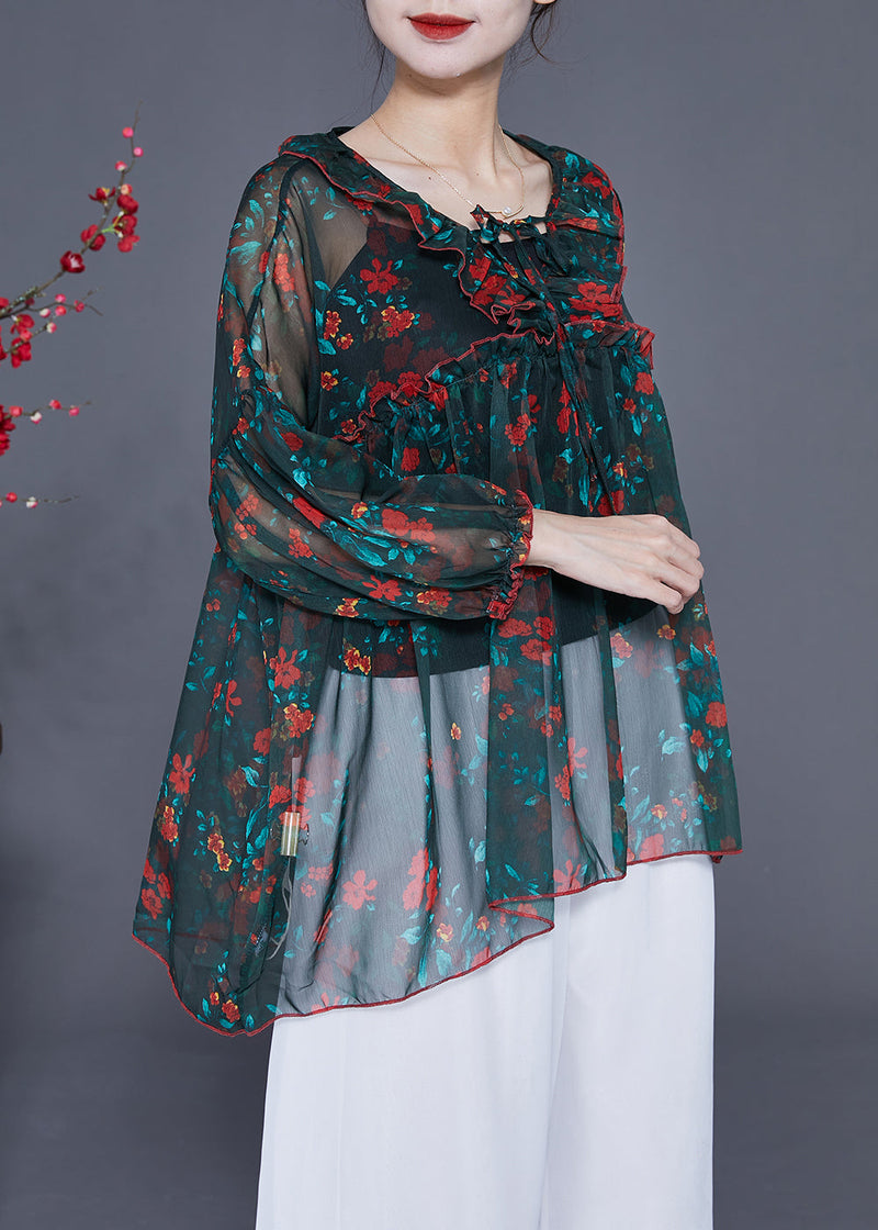Diy Blackish Green Ruffled Print Chiffon Upf 50+ Top Summer